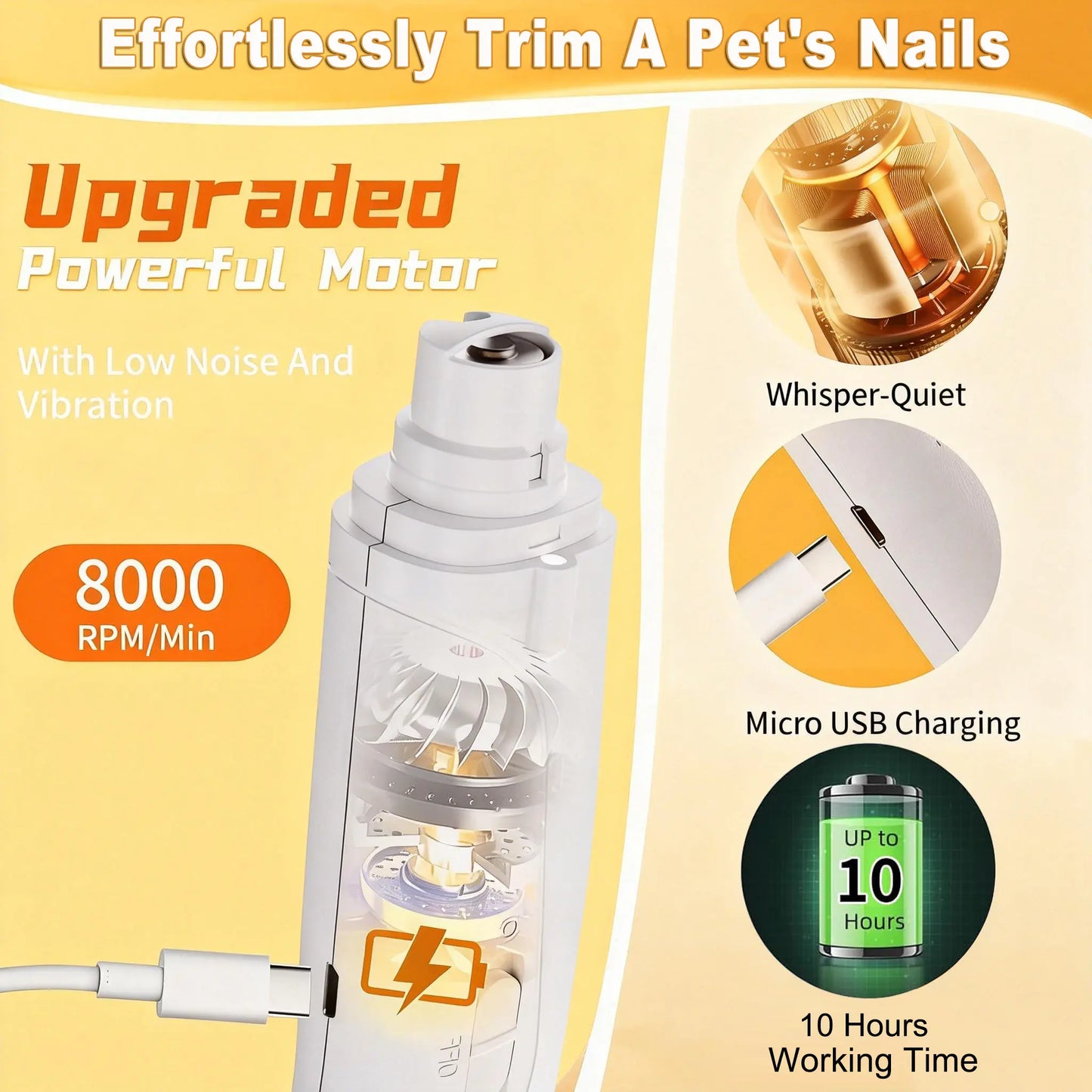 Pet Nail Grinder and Trimmer Kit for Dogs and Cats, Ultra-Quiet Rechargeable Electric Nail Grinder, Suitable for Small and Large Breeds with 4-Hour Battery Life