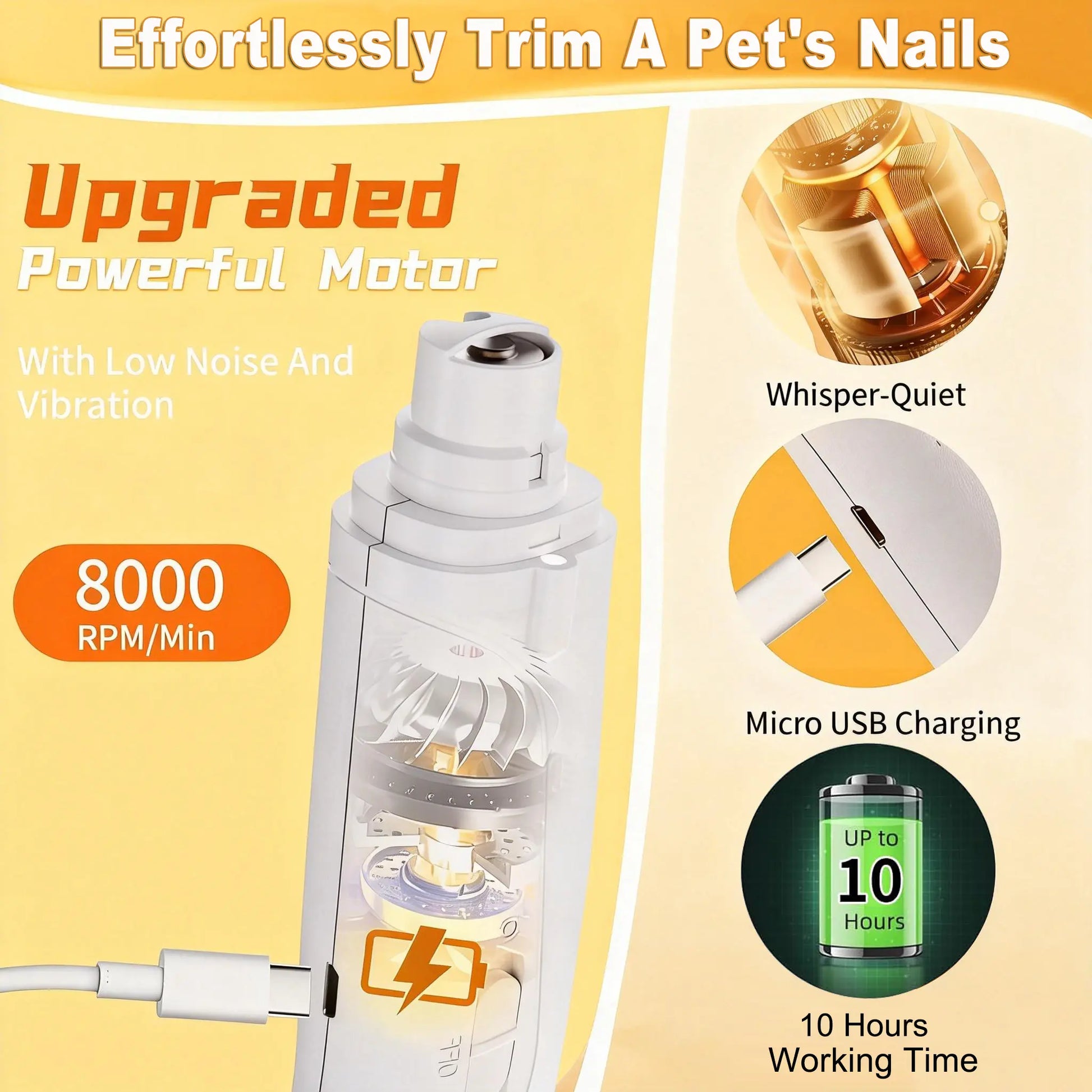 Pet Nail Grinder and Trimmer Kit for Dogs and Cats, Ultra-Quiet Rechargeable Electric Nail Grinder, Suitable for Small and Large Breeds with 4-Hour Battery Life