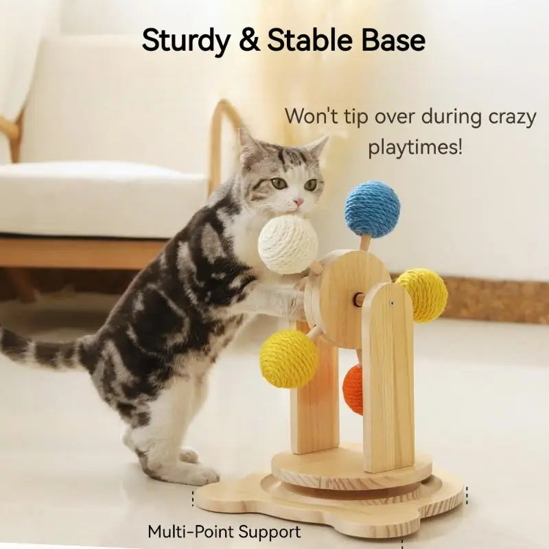 Interactive Cat Ferris Wheel Toy - Wooden Sisal Scratcher with Rolling Ball Track for Indoor Cat Engagement and Furniture Protection