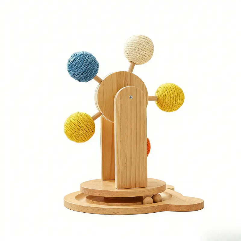 Interactive Cat Ferris Wheel Toy - Wooden Sisal Scratcher with Rolling Ball Track for Indoor Cat Engagement and Furniture Protection