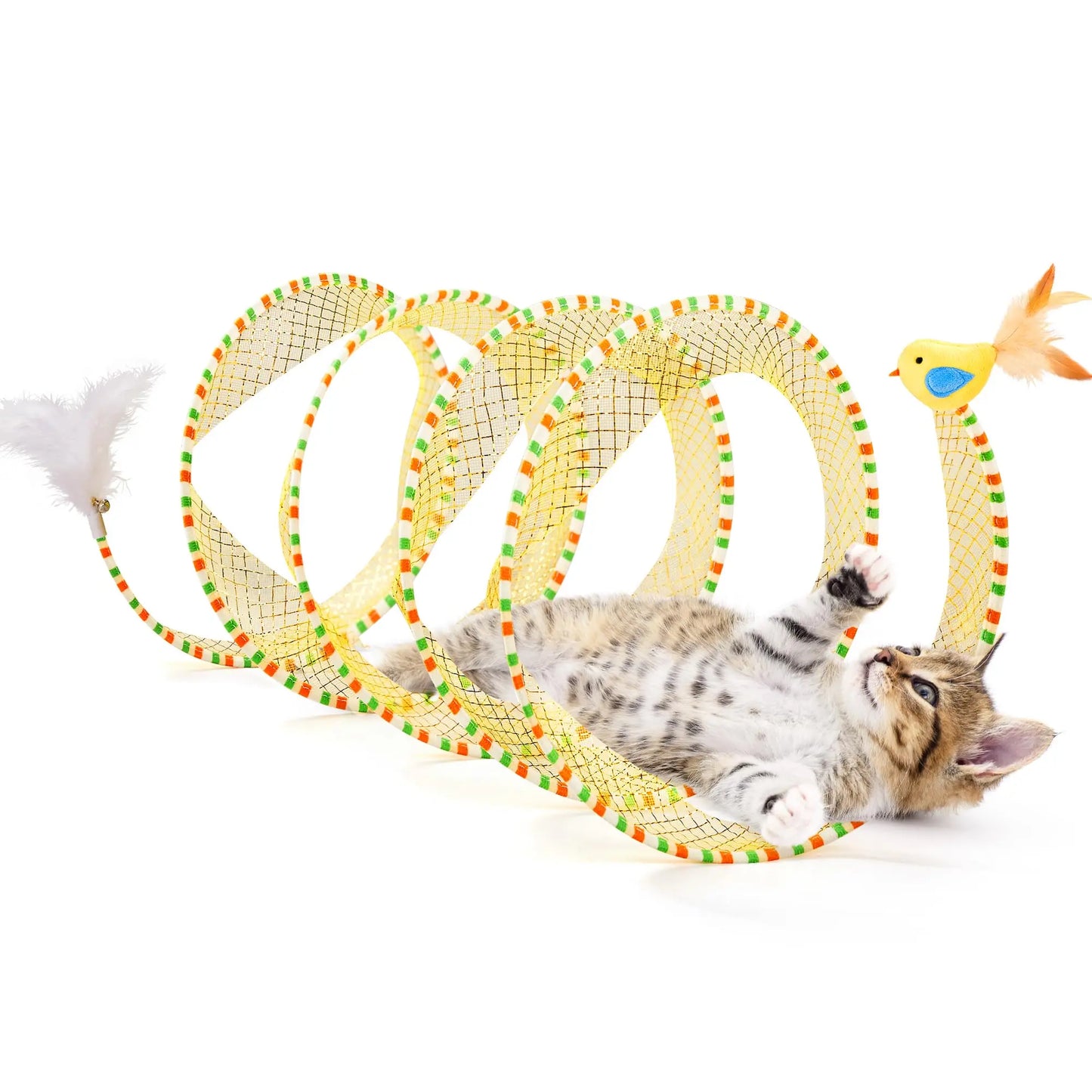 Potaroma Spiral Tunnel Cat Toy - Collapsible Spring Tunnel for Indoor Cats with Feather and Bell, 20 Inches Unfolded