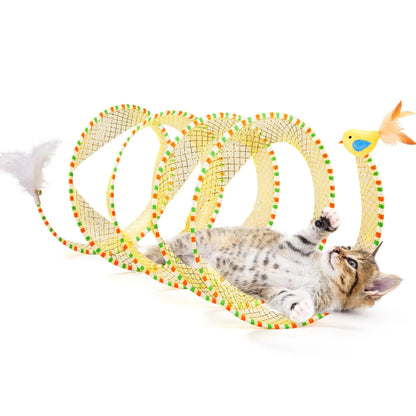 Potaroma Spiral Tunnel Cat Toy - Collapsible Spring Tunnel for Indoor Cats with Feather and Bell, 20 Inches Unfolded