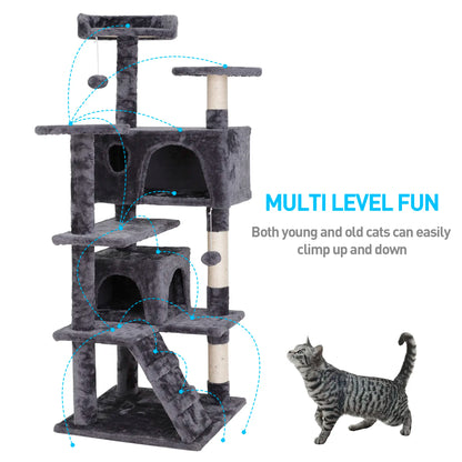 Segawe 55-Inch Multi-Tier Cat Tree Condo with Plush Sisal Scratching Posts, Secure Perches, and Two Cozy Hideaways for Medium Cats - Stylish Room Decor for Apartments