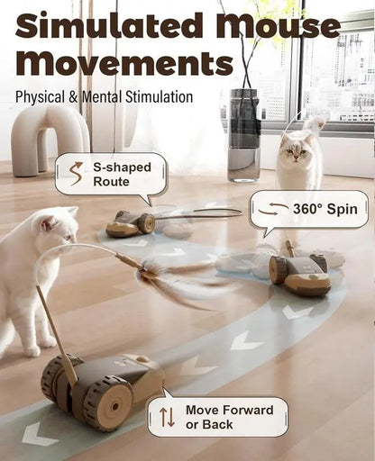 3-in-1 Interactive Cat Toy: Automatic Moving Mouse with Dual-Speed Settings, Includes Hanging Feather Strings and Wiggly Silicone Tail for Engaging Indoor Play for Cats and Kittens