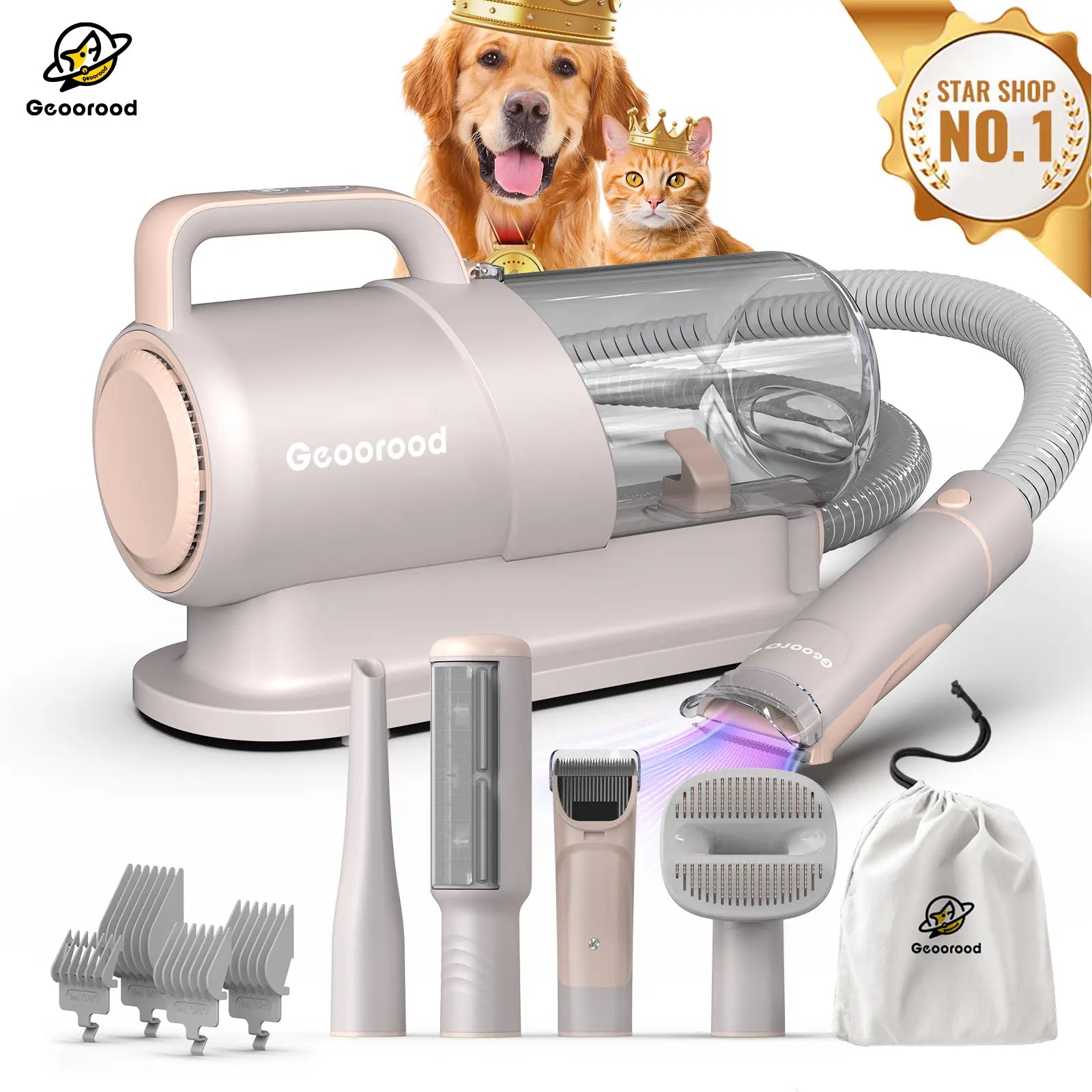 Geoorood All-In-One Dog Grooming Vacuum Kit with 10Kpa Suction, 2.2L Dust Tank, Adjustable Combs, Lightweight Design - Ideal for Home Use and Gifting