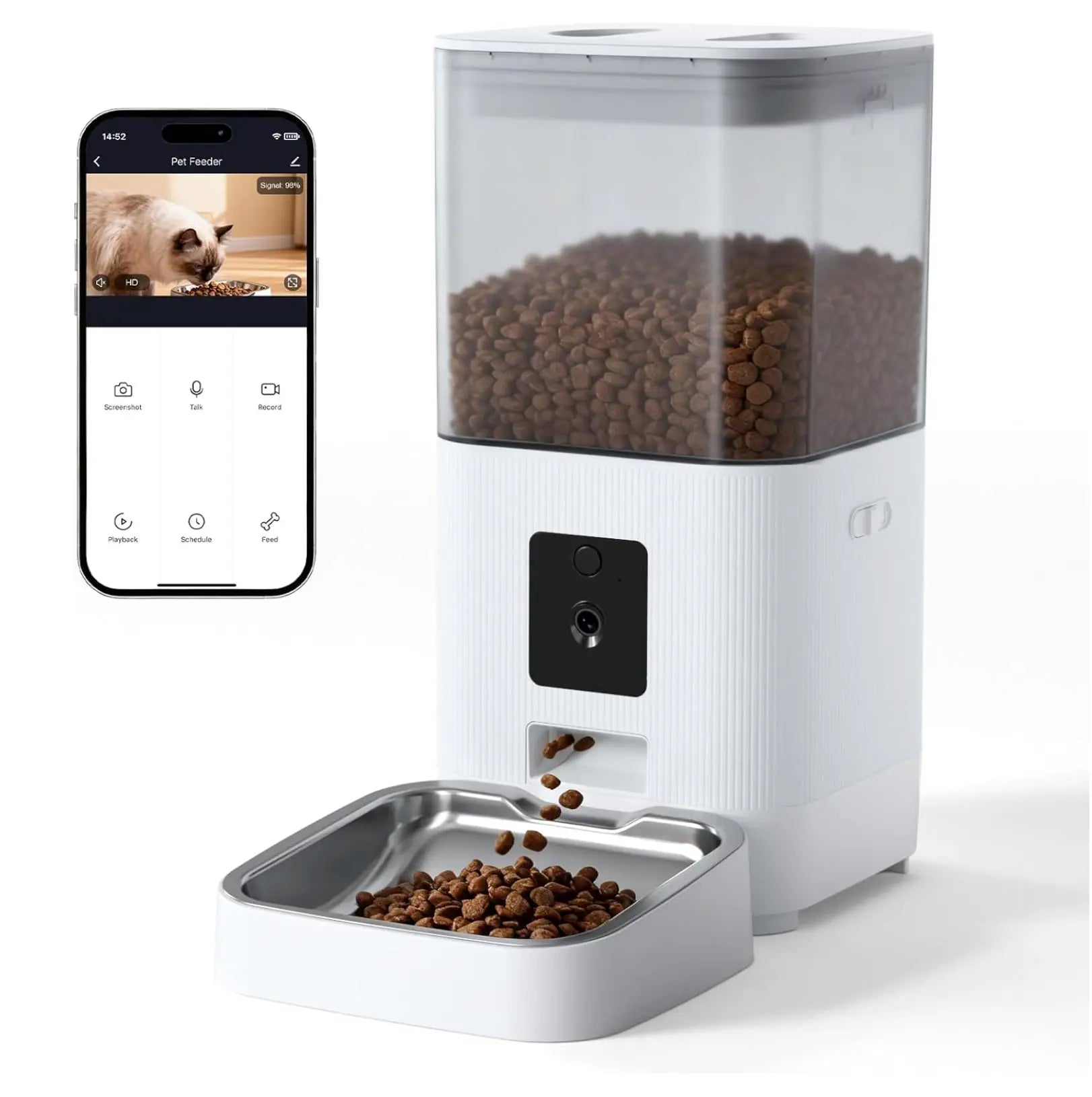 Automatic Pet Feeder with HD Camera, 5G Wi-Fi App Control, Two-Way Audio, Night Vision, and Portion Scheduling for Cats and Dogs, Featuring a Stainless Steel Bowl