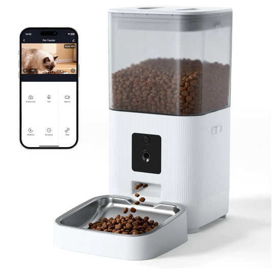 Automatic Pet Feeder with HD Camera, 5G Wi-Fi App Control, Two-Way Audio, Night Vision, and Portion Scheduling for Cats and Dogs, Featuring a Stainless Steel Bowl