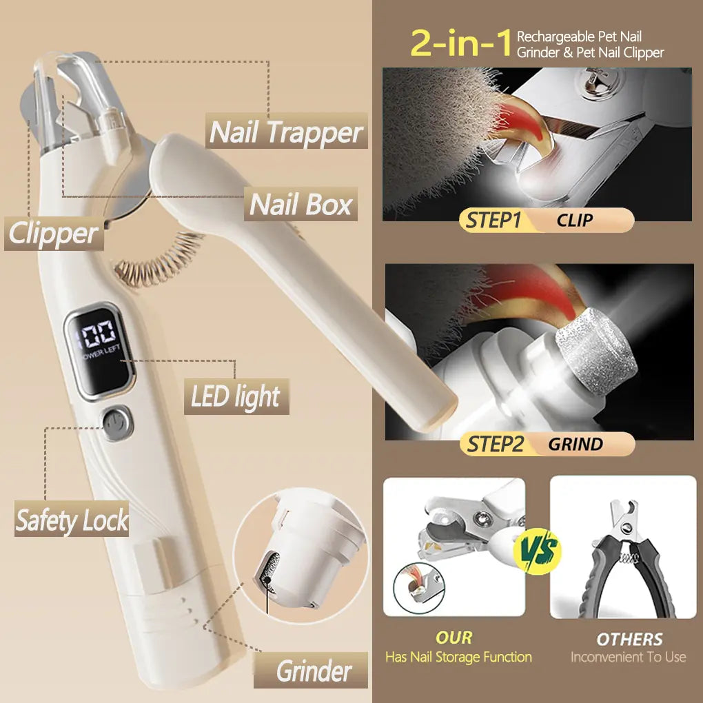 Pet Nail Grinder and Trimmer Kit for Dogs and Cats, Ultra-Quiet Rechargeable Electric Nail Grinder, Suitable for Small and Large Breeds with 4-Hour Battery Life