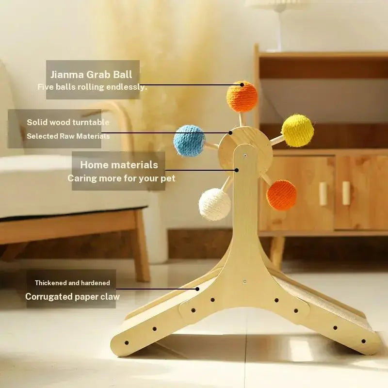 Interactive Cat Ferris Wheel Toy - Wooden Sisal Scratcher with Rolling Ball Track for Indoor Cat Engagement and Furniture Protection