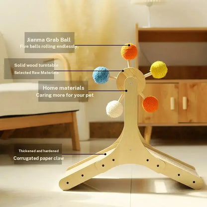 Interactive Cat Ferris Wheel Toy - Wooden Sisal Scratcher with Rolling Ball Track for Indoor Cat Engagement and Furniture Protection