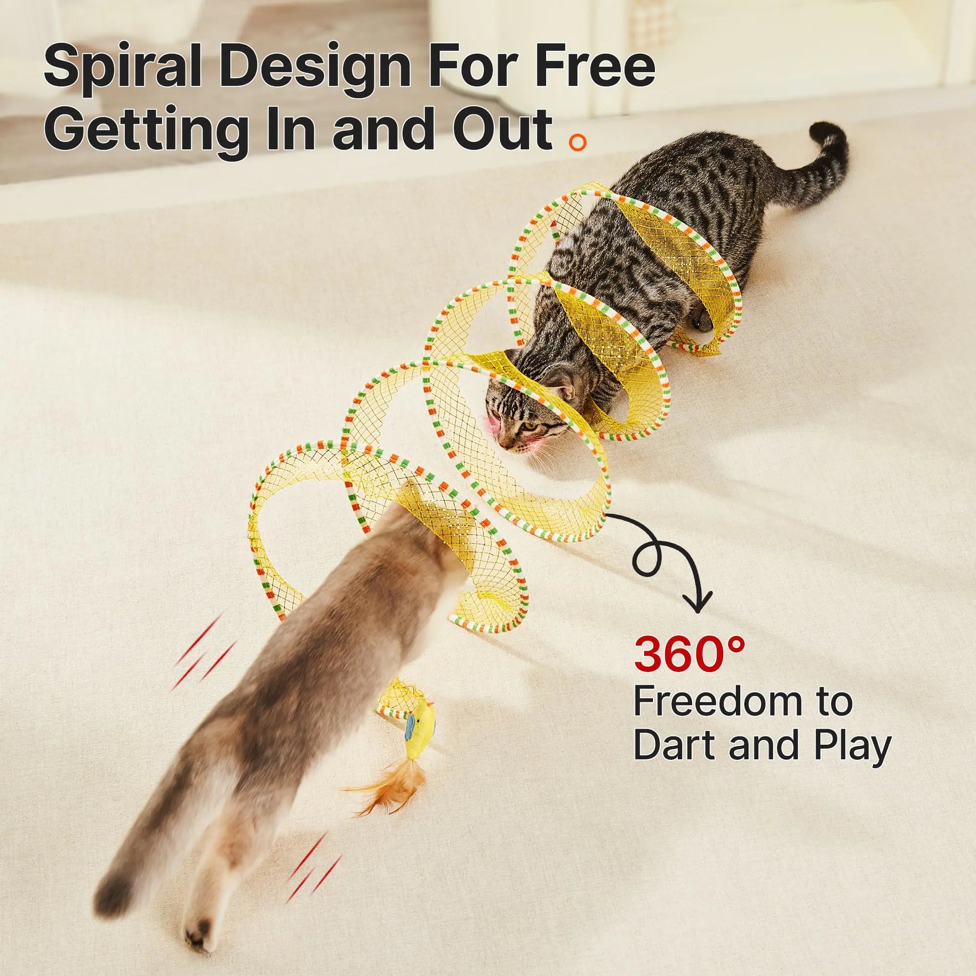 Potaroma Spiral Tunnel Cat Toy - Collapsible Spring Tunnel for Indoor Cats with Feather and Bell, 20 Inches Unfolded