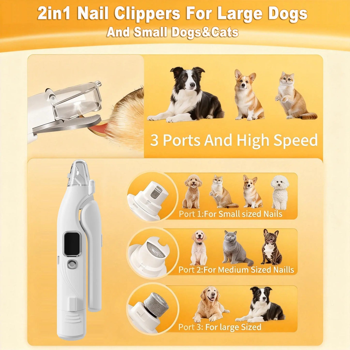 Pet Nail Grinder and Trimmer Kit for Dogs and Cats, Ultra-Quiet Rechargeable Electric Nail Grinder, Suitable for Small and Large Breeds with 4-Hour Battery Life
