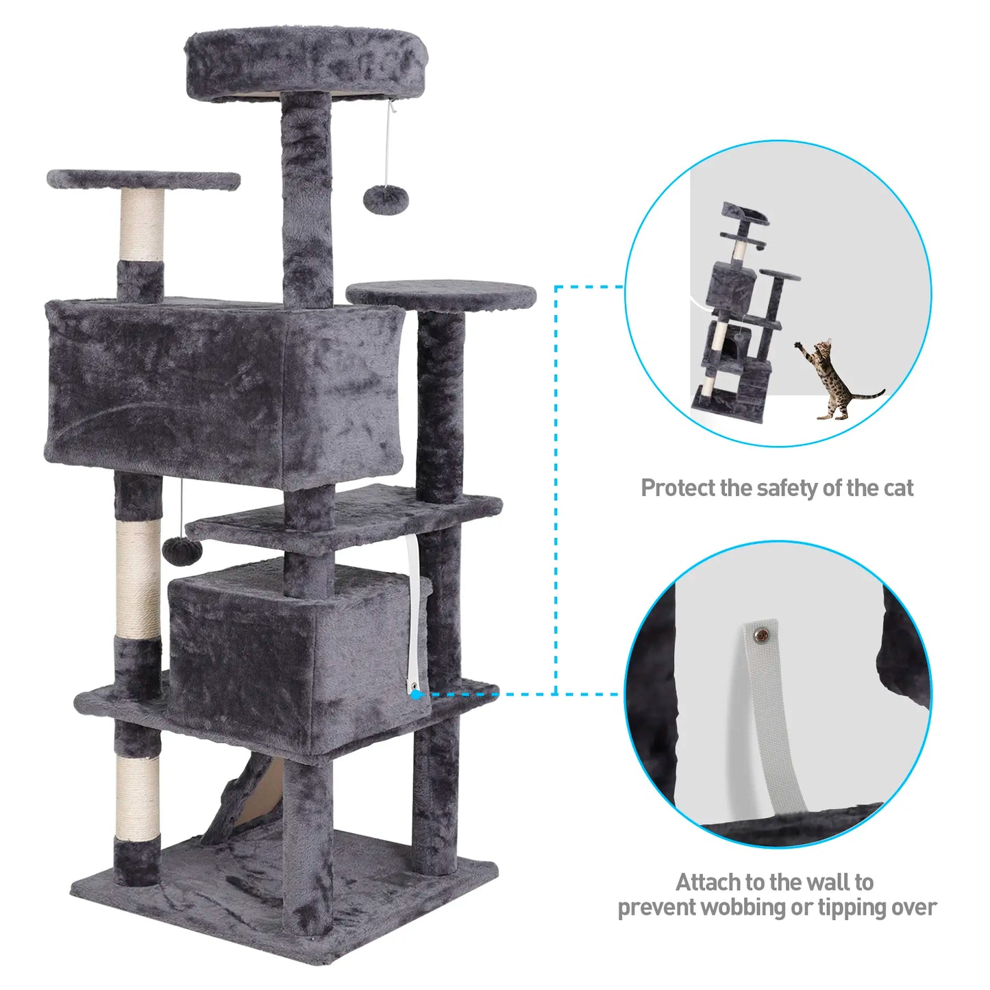 Segawe 55-Inch Multi-Tier Cat Tree Condo with Plush Sisal Scratching Posts, Secure Perches, and Two Cozy Hideaways for Medium Cats - Stylish Room Decor for Apartments