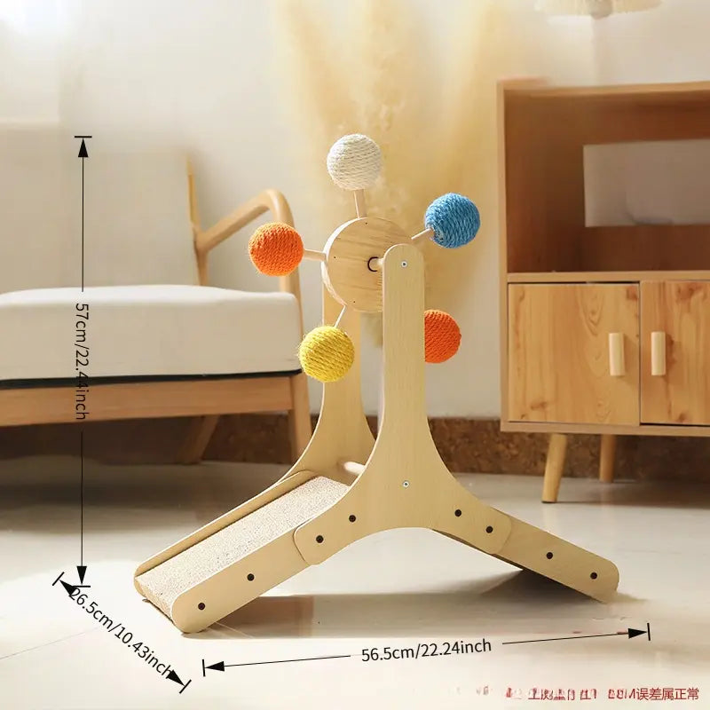 Interactive Cat Ferris Wheel Toy - Wooden Sisal Scratcher with Rolling Ball Track for Indoor Cat Engagement and Furniture Protection