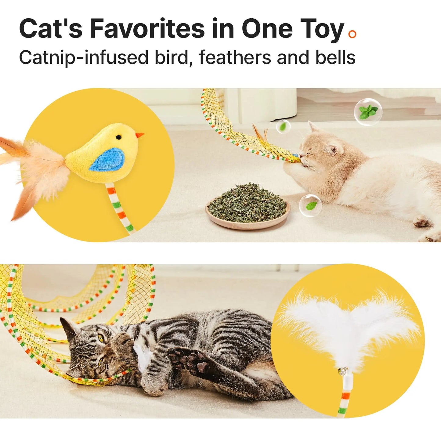Potaroma Spiral Tunnel Cat Toy - Collapsible Spring Tunnel for Indoor Cats with Feather and Bell, 20 Inches Unfolded