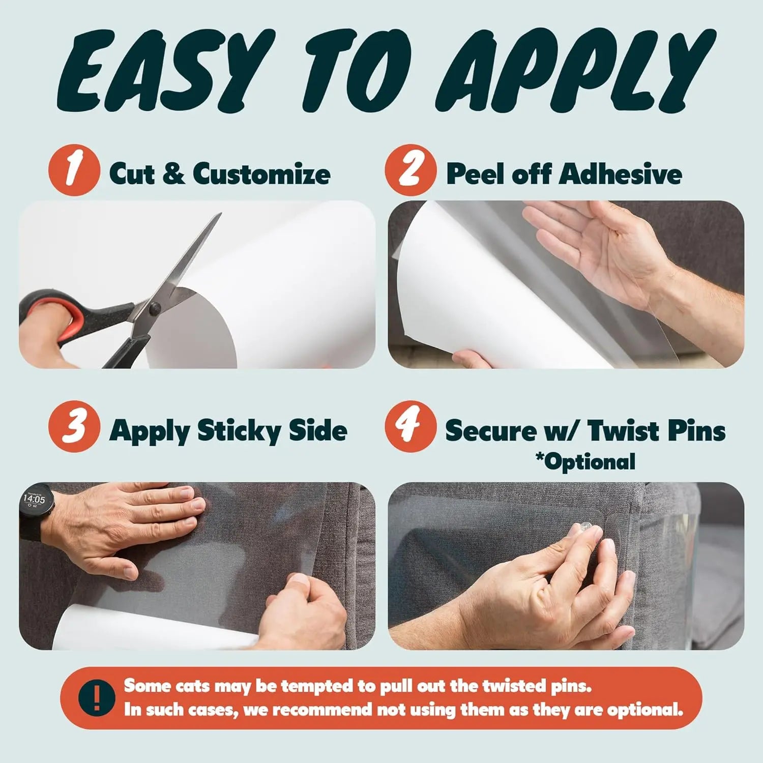 AISOON 12-Pack Heavy-Duty Cat Scratch Furniture Protector - Easy-to-Apply Scratching Deterrent and Shield for Sofa Corners, Walls, and Doors with 50 Twist Pins