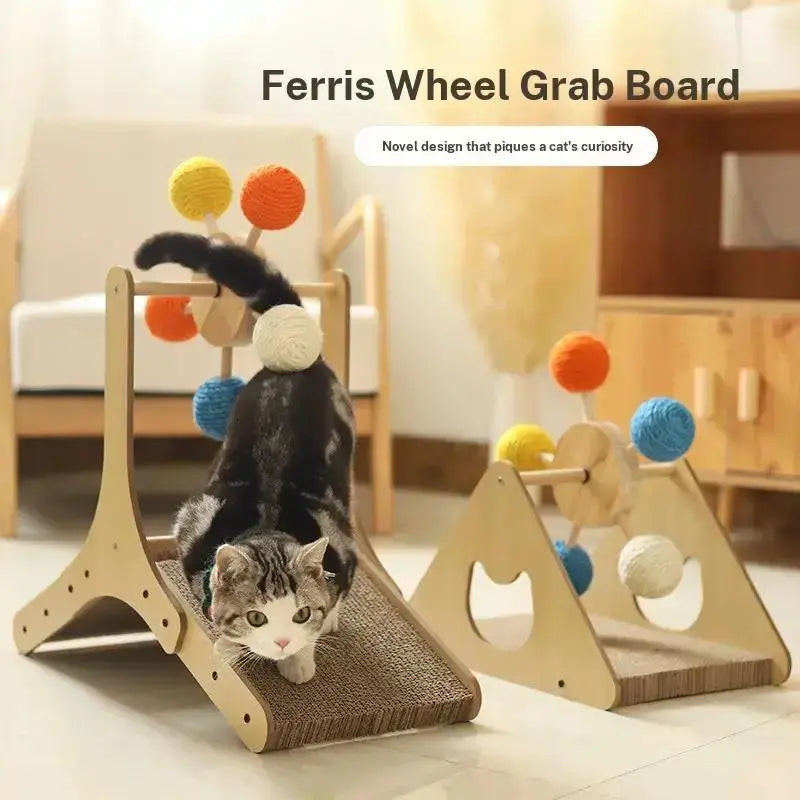 Interactive Cat Ferris Wheel Toy - Wooden Sisal Scratcher with Rolling Ball Track for Indoor Cat Engagement and Furniture Protection