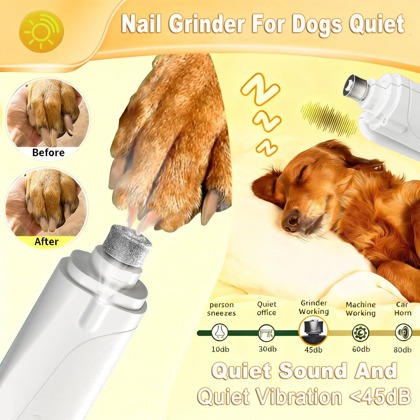 Pet Nail Grinder and Trimmer Kit for Dogs and Cats, Ultra-Quiet Rechargeable Electric Nail Grinder, Suitable for Small and Large Breeds with 4-Hour Battery Life