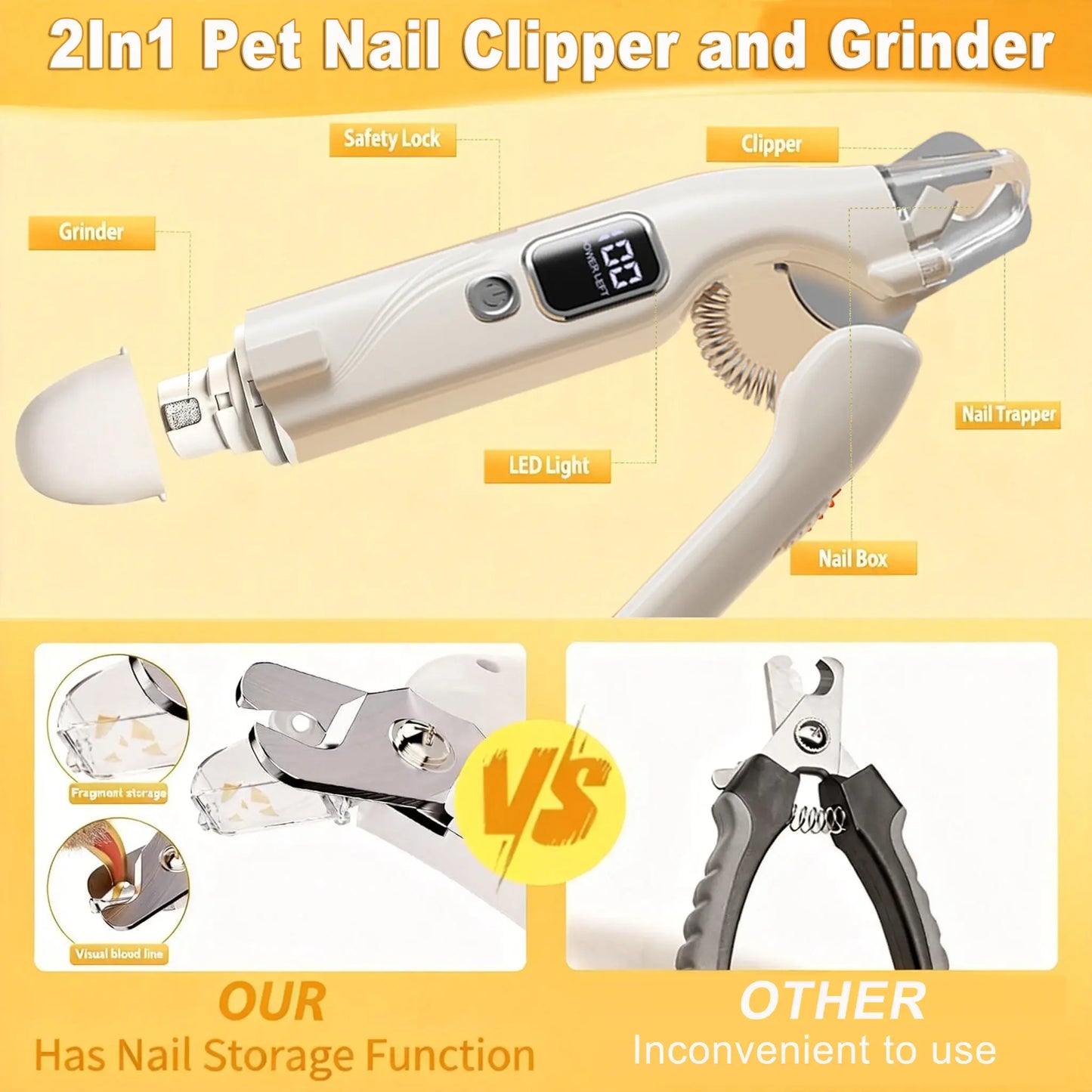Pet Nail Grinder and Trimmer Kit for Dogs and Cats, Ultra-Quiet Rechargeable Electric Nail Grinder, Suitable for Small and Large Breeds with 4-Hour Battery Life