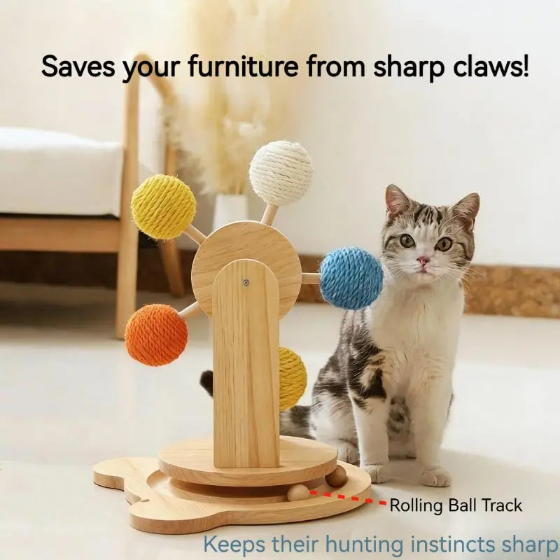 Interactive Cat Ferris Wheel Toy - Wooden Sisal Scratcher with Rolling Ball Track for Indoor Cat Engagement and Furniture Protection