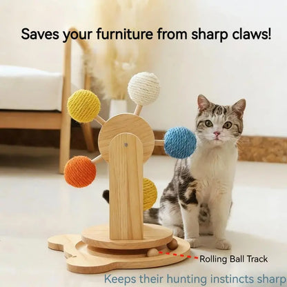 Interactive Cat Ferris Wheel Toy - Wooden Sisal Scratcher with Rolling Ball Track for Indoor Cat Engagement and Furniture Protection