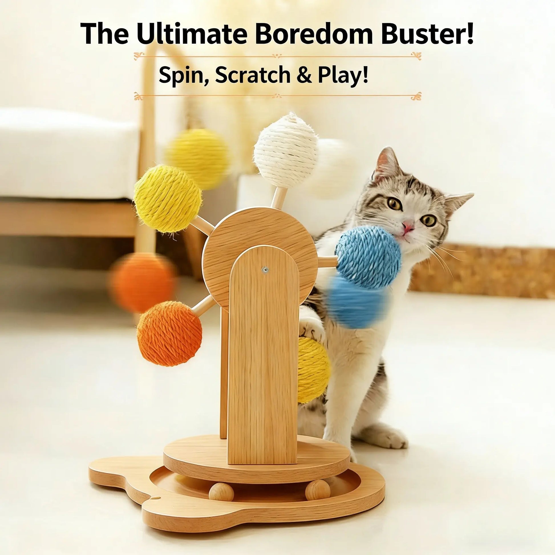 Interactive Cat Ferris Wheel Toy - Wooden Sisal Scratcher with Rolling Ball Track for Indoor Cat Engagement and Furniture Protection