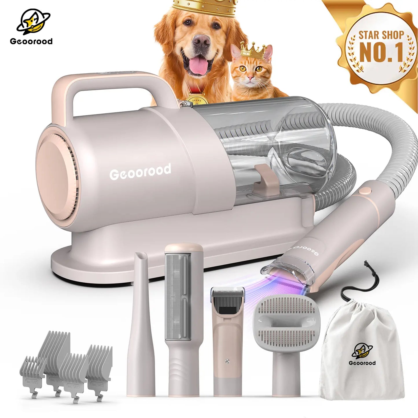 Geoorood All-In-One Dog Grooming Vacuum Kit with 10Kpa Suction, 2.2L Dust Tank, Adjustable Combs, Lightweight Design - Ideal for Home Use and Gifting