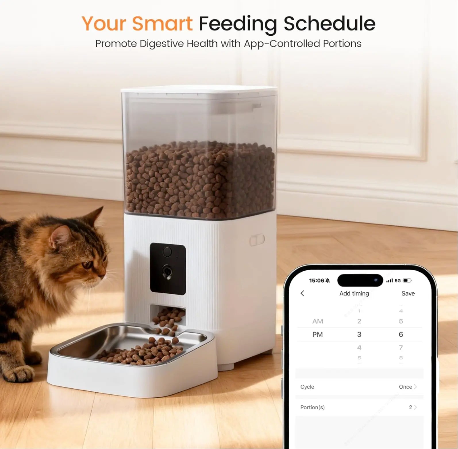 Automatic Pet Feeder with HD Camera, 5G Wi-Fi App Control, Two-Way Audio, Night Vision, and Portion Scheduling for Cats and Dogs, Featuring a Stainless Steel Bowl
