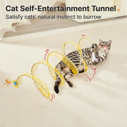 Potaroma Spiral Tunnel Cat Toy - Collapsible Spring Tunnel for Indoor Cats with Feather and Bell, 20 Inches Unfolded