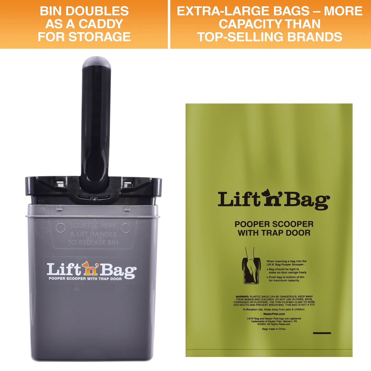 Neater Pets Lift N' Bag Dog Pooper Scooper 2.0 - 6-Inch Handle, Scoop-To-Bag Design, One-Handed Operation, Extra-Large Bags, Made in the USA