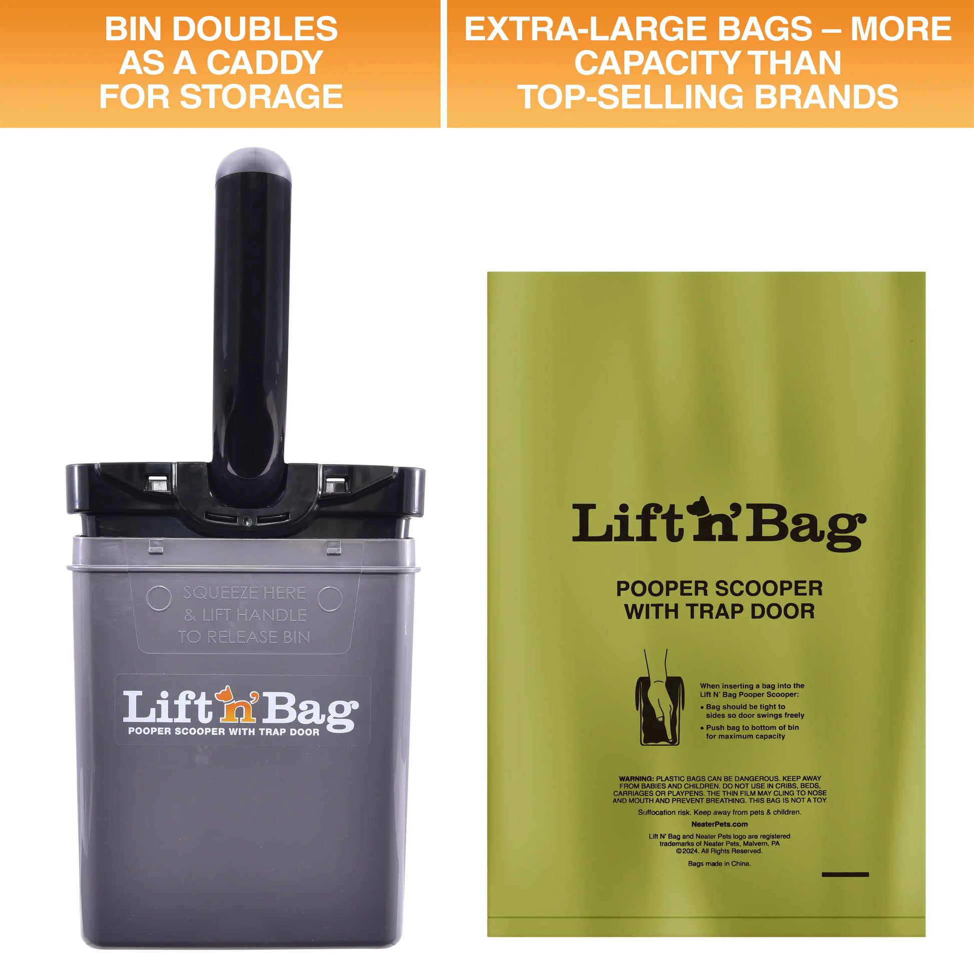 Neater Pets Lift N' Bag Dog Pooper Scooper 2.0 - 6-Inch Handle, Scoop-To-Bag Design, One-Handed Operation, Extra-Large Bags, Made in the USA