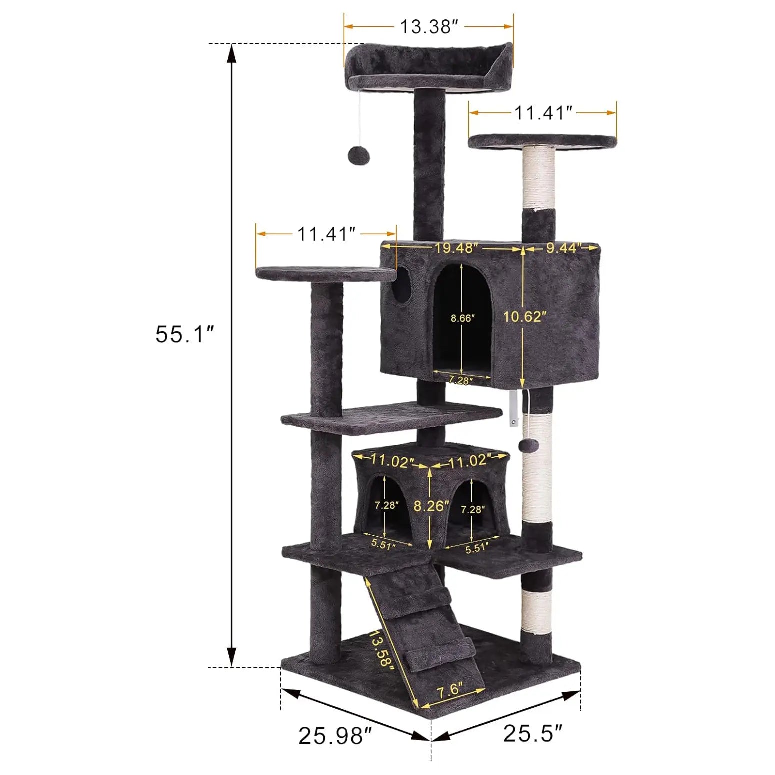 Segawe 55-Inch Multi-Tier Cat Tree Condo with Plush Sisal Scratching Posts, Secure Perches, and Two Cozy Hideaways for Medium Cats - Stylish Room Decor for Apartments