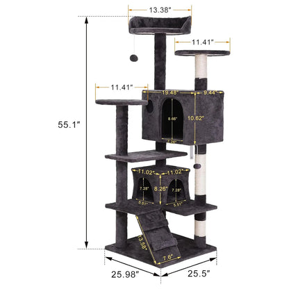 Segawe 55-Inch Multi-Tier Cat Tree Condo with Plush Sisal Scratching Posts, Secure Perches, and Two Cozy Hideaways for Medium Cats - Stylish Room Decor for Apartments